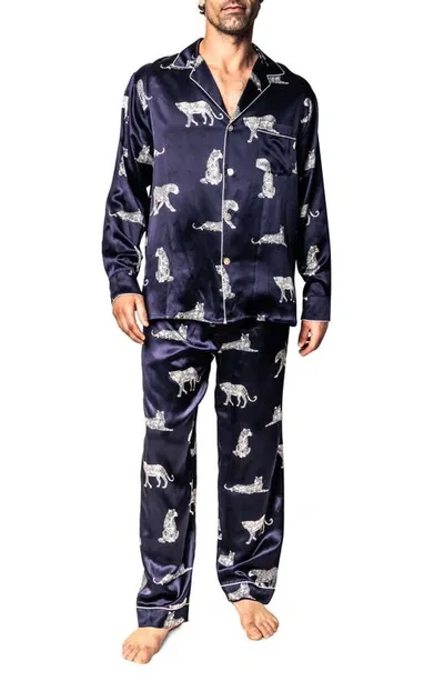 Petite Plume Men's Silk Panthere De Nuit Pajama Set In Navy