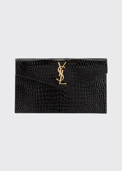 Saint Laurent Medium Uptown Monogram Leather Clutch In Black