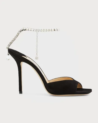 Jimmy Choo Saeda Suede Crystal Ankle-strap Sandals In Blackcrystal