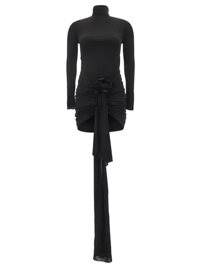 Saint Laurent Embellished Ruched Satin-jersey Mini Dress In Noir