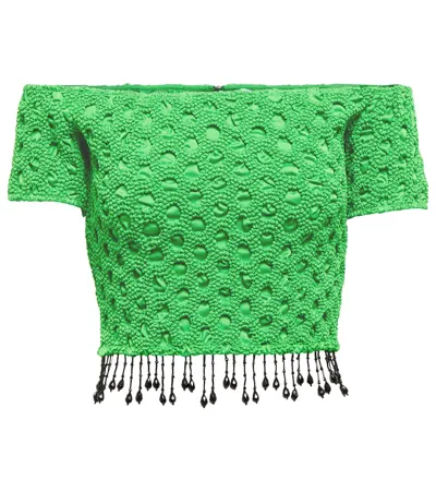 Ganni Short Sleeve Smocked Satin Off Shoulder Top In Green