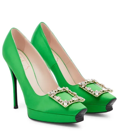 Roger Vivier Flower Strass Satin Platform Pumps In Smeraldo