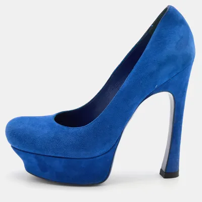 Pre-owned Saint Laurent Blue Suede Palais Platform Peep Toe Pumps Size 36.5