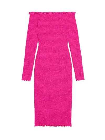 Balenciaga Off-shoulder Smocked Midi Dress In Lipstick Pink