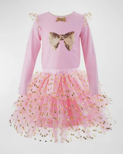 Rachel Riley Kids' Girl's Embellished Bow Top & Tutu Skirt Set In Pink