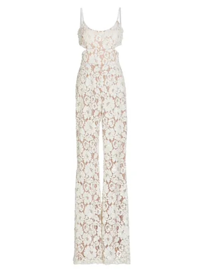 Michael Kors Cutout Satin-trimmed Cotton-blend Corded Lace Jumpsuit In Optic White Floral Lace