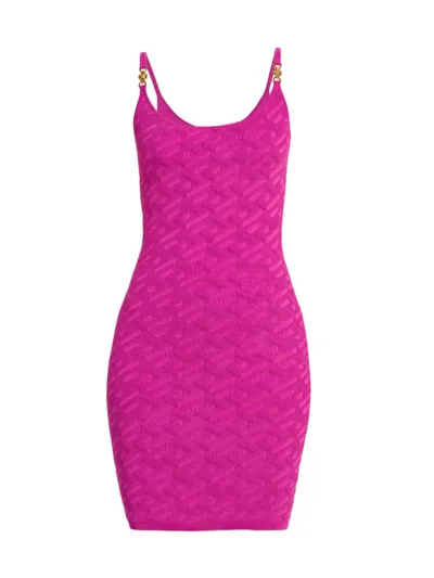 Versace Medusa Embellished La Greca Jacquard Knit Minidress In Glossy Pink