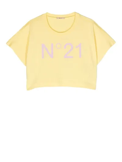 N°21 Kids' Logo-print Cropped T-shirt In Yellow