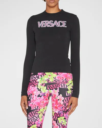 Versace Logo-print Slim Jersey T-shirt In Black Fuxia