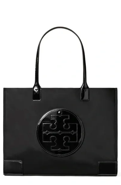 Tory Burch Ella Patent Recycled Nylon Tote Bag In Black