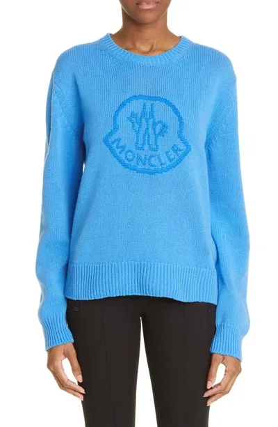 Moncler Womens Ribbed Trim Ribbed Knit Crewneck Sweater In Blue