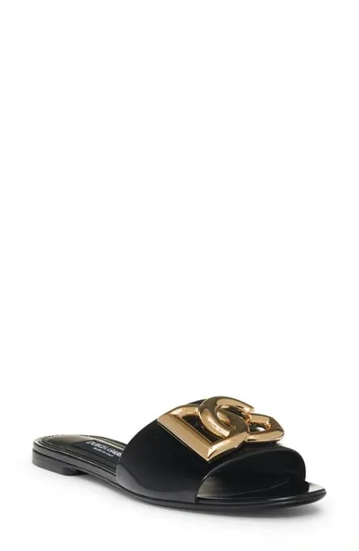 Dolce & Gabbana Polished Calfskin Sliders With Dg Logo In Black