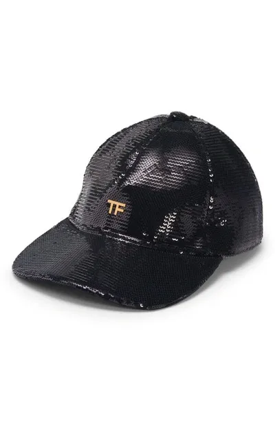 Tom Ford Sequin Monogram Baseball Cap In Black