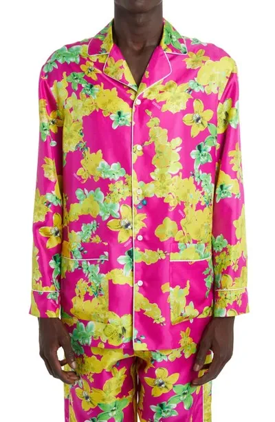 Versace Orchid Print Silk Pajama Shirt In Fuxiamulticolor