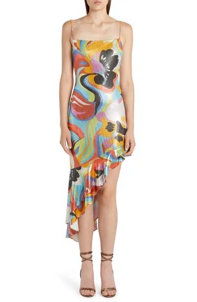 Etro Asymmetric Shiny Print Jersey Midi Dress In Multi