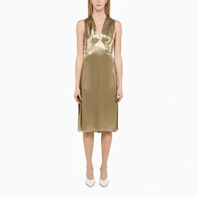 Bottega Veneta Frill-trim Satin Midi Dress In Sesame