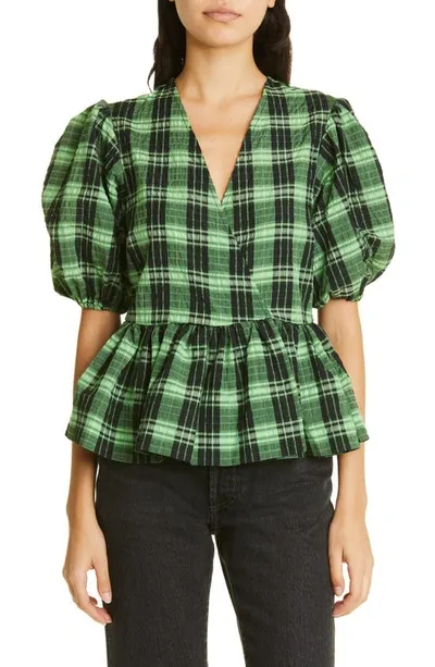 Ganni Plaid Seersucker Surplice Peplum Top In Green