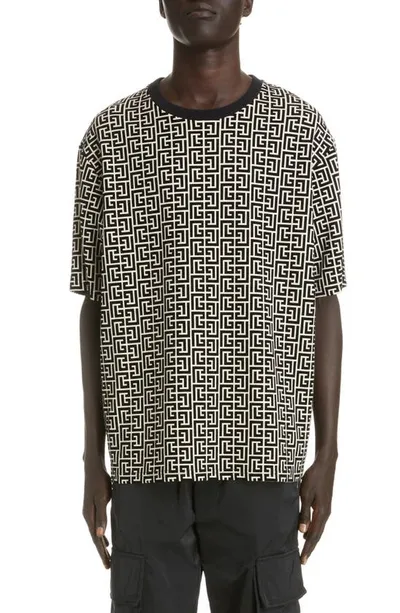 Balmain Mini Monogram Print Cotton T-shirt In Gab Blanc Noir