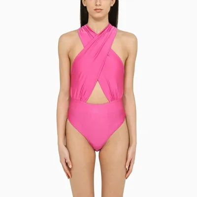 The Andamane Hola Stretch Lycra Halterneck Bodysuit In Fuchsia