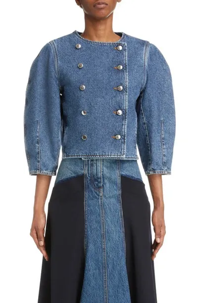 Chloé Crop Three-quarter Sleeve Denim Jacket In Dusky Blue