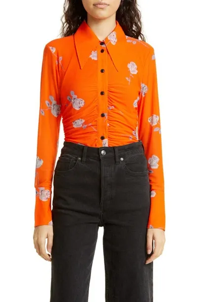 Ganni Ruched Button-front Floral Mesh Shirt In Orangeade