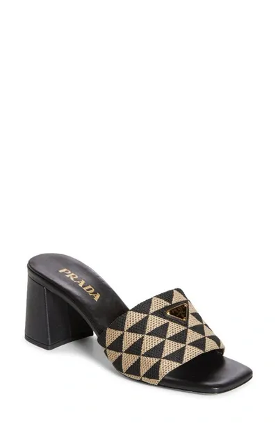 Prada Triangolo Jacquard Flat Slide Sandals In Black