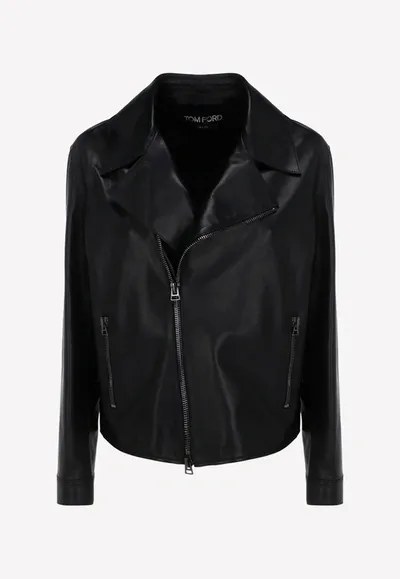 Tom Ford Asymmetric Zip Biker Jacket In Leather In Black