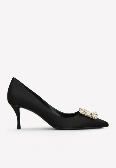 Roger Vivier 65 Crystal Flower Buckle Satin Pumps In Black