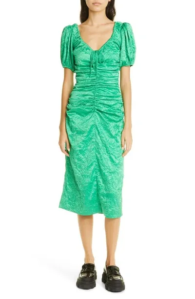 Ganni Short Sleeve Green Crinkled Satin Midi Dress In Bright Green