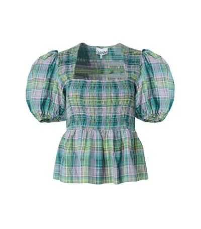 Ganni Seersucker Check Smock Blouse In Blue