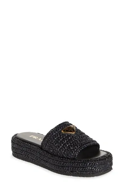 Prada Raffia Flatform Slide Sandal In Black