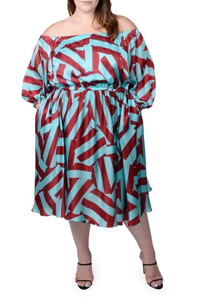 Mayes Nyc Plus Size Edwina Printed Off-shoulder Dress In Circle Stripes Print