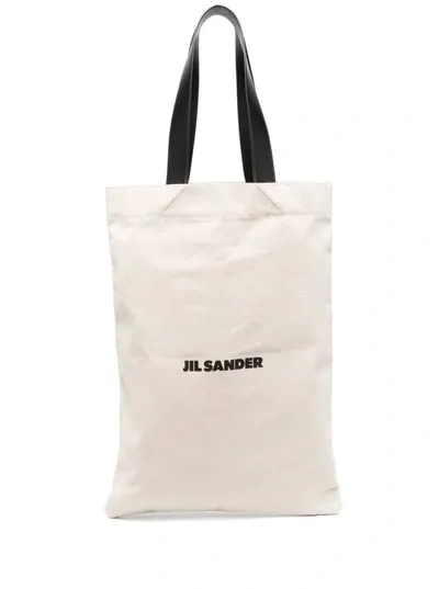 Jil Sander White Tote Bag With Logo Print In Canvas Woman In Beige