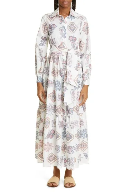 Eleventy Paisley Print Long Sleeve Cotton Poplin Maxi Shirtdress In 01 - White Multi