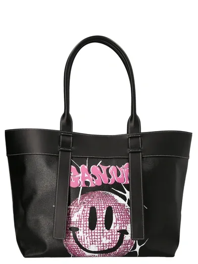 Ganni Smiley-print Tote Bag In Black