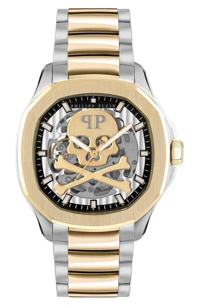 Philipp Plein Men's Automatic Skeleton Spectre Two-tone Stainless Steel Bracelet Watch 42mm In Ip Yellow Gold,stainless Steel