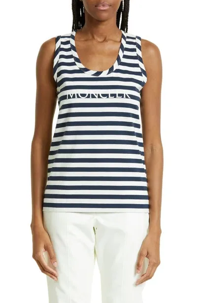 Moncler Stripe Logo Cotton Rib Tank Top In Navy Multi