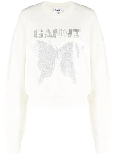 Ganni White Butterfly Logo-print Sweatshirt In Neutrals