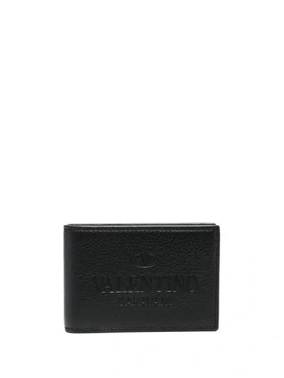 Valentino Garavani Metal Logo & Leather Billfold Wallet In Nero/deep Antique Gold