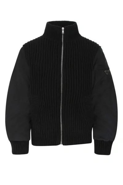 Prada Logo Plaque Zipped Jacket In Black