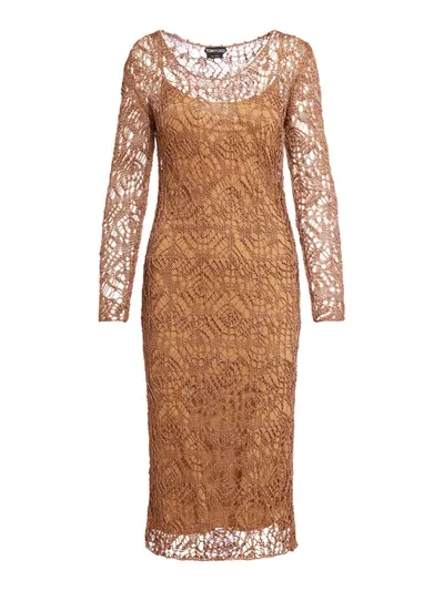 Tom Ford Fine Viscose Lace -3gg Scoop Neck Dress In Brown