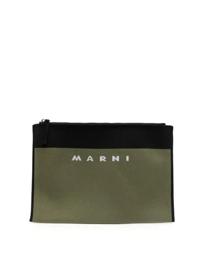 Marni Logo Embroidered Zip Clutch Bag In Green