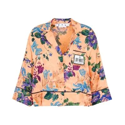 Off-white Piped Camo Floral Jacquard Pajama Crop Shirt In Peach Orange