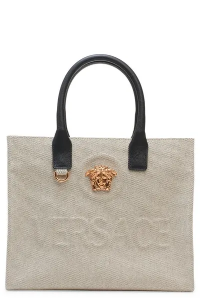 Versace Small La Medusa Logo Canvas Tote In Rope Black- Gold