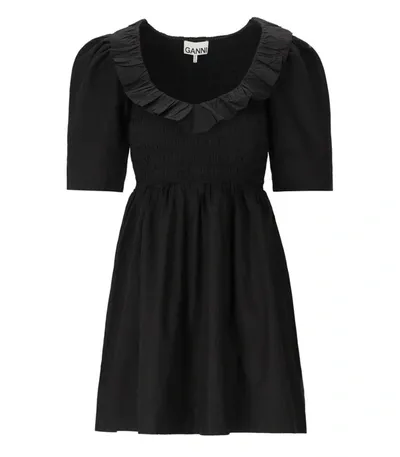 Ganni Smocked Organic Cotton Poplin Dress In Black