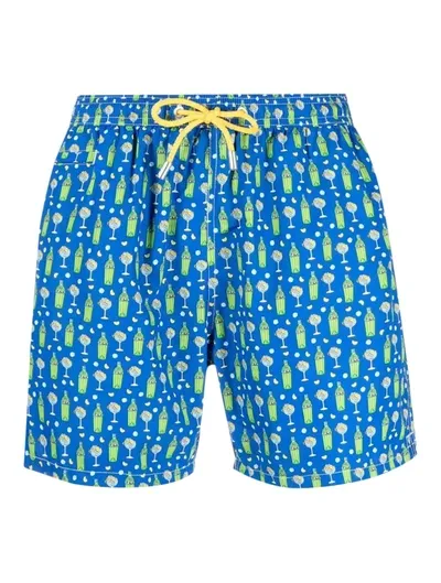 Mc2 Saint Barth Man Light Fabric Swim Shorts With Gin Print Gin Mare Special Edition In Blue