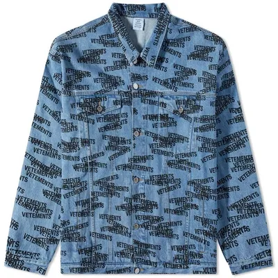 Vetements Logo-print Stonewashed Denim Jacket In Medium Blue