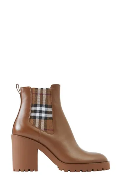 Burberry Allostock Check Block Heel Chelsea Boot In Dark Birch Brown