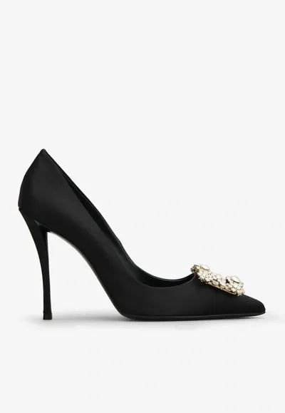 Roger Vivier Flower Strass Satin Pumps In Black