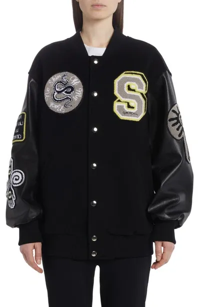 Stella Mccartney Rewild Embroidered Wool Bomber Jacket In 1000 Black